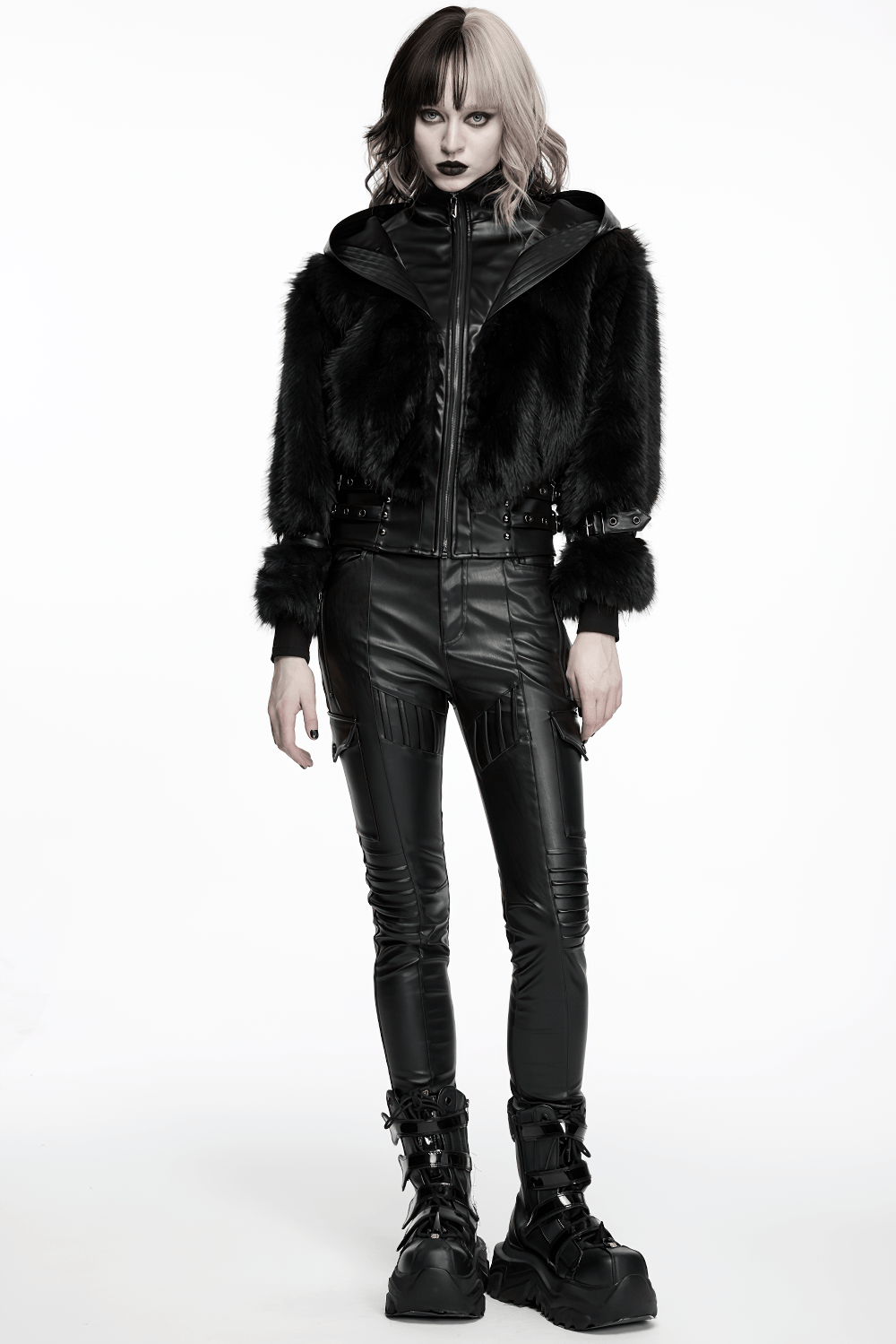 Black Faux Fur Hooded Jacket with Punk Leather Details