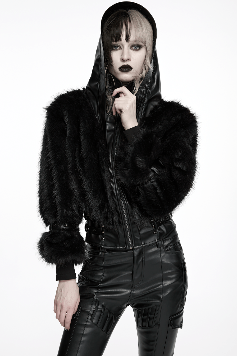 Black Faux Fur Hooded Jacket with Punk Leather Details