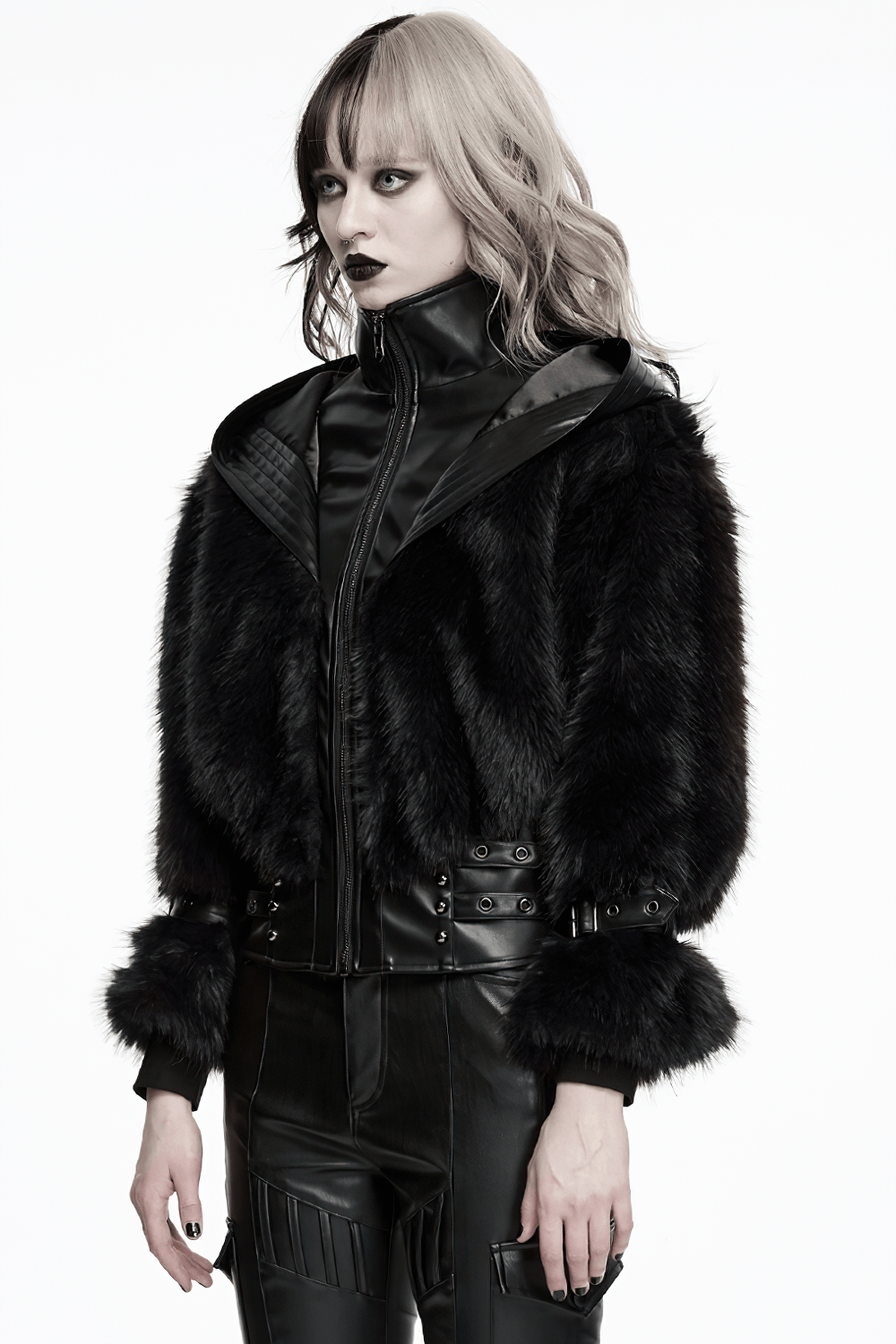 Black Faux Fur Hooded Jacket with Punk Leather Details