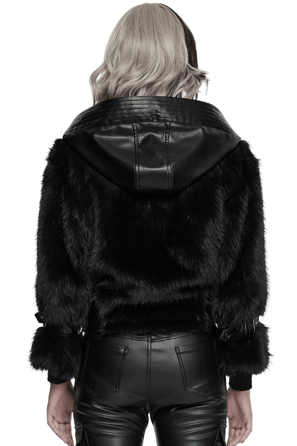Black Faux Fur Hooded Jacket with Punk Leather Details