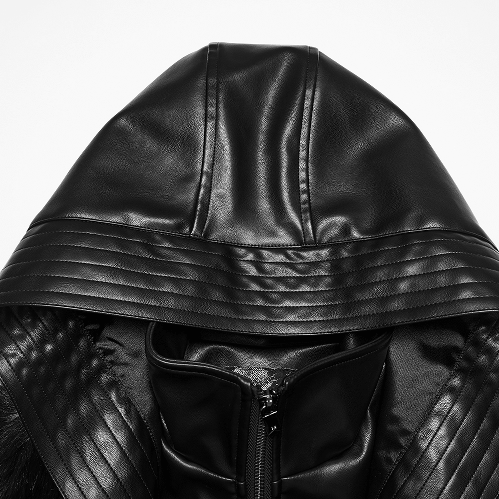 Black Faux Fur Hooded Jacket with Punk Leather Details