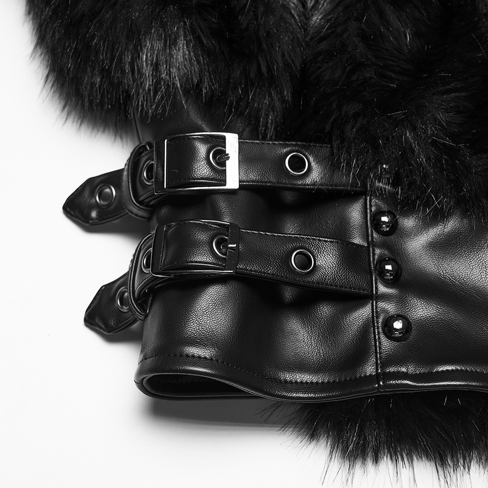 Black Faux Fur Hooded Jacket with Punk Leather Details