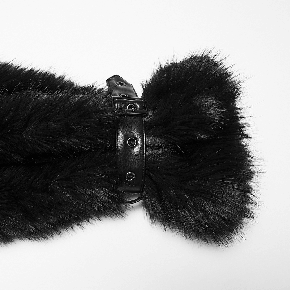 Black Faux Fur Hooded Jacket with Punk Leather Details