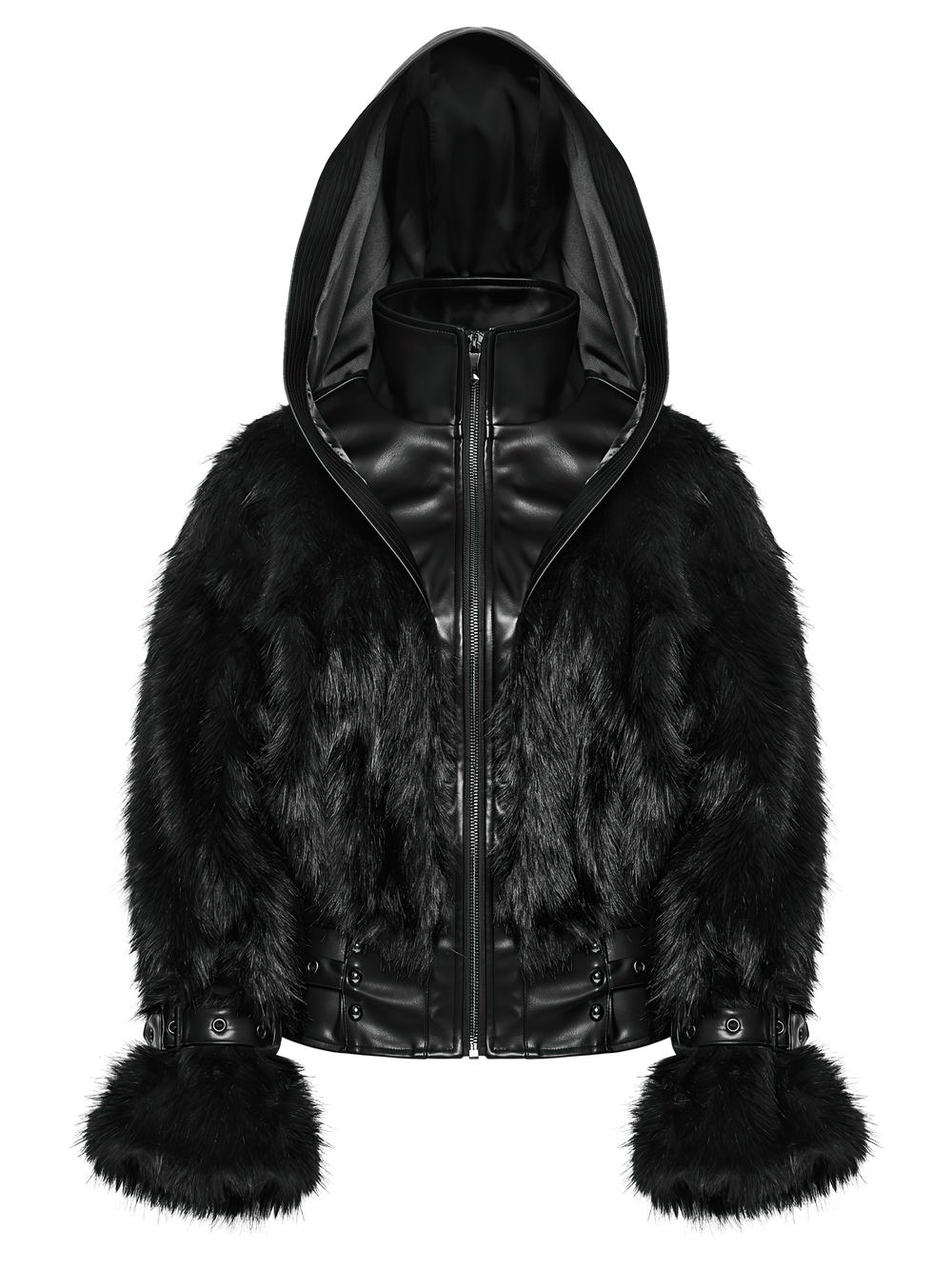 Black Faux Fur Hooded Jacket with Punk Leather Details