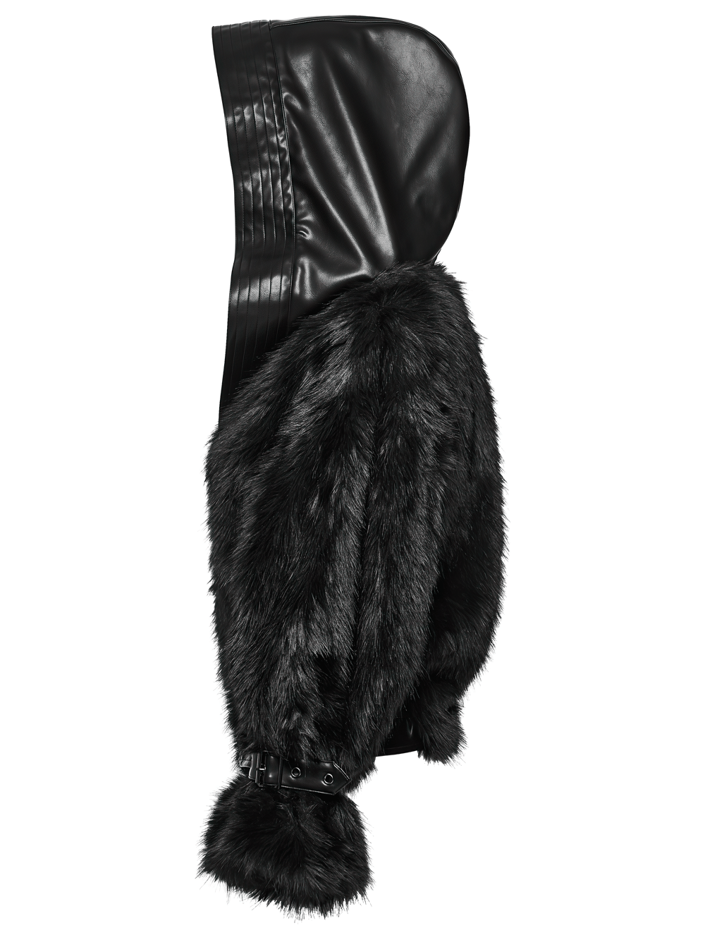 Black Faux Fur Hooded Jacket with Punk Leather Details