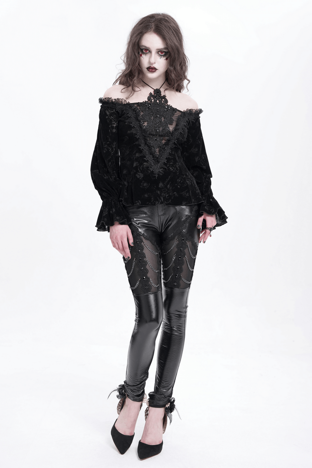 Black Faux Leather Pants with Chains and Sequin Details