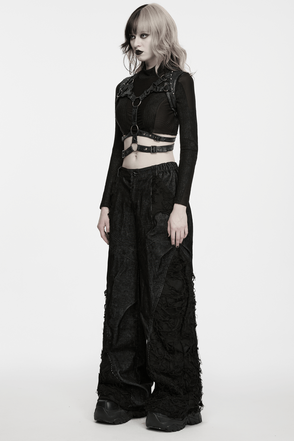 Black Faux Leather Punk Harness with Metal Details