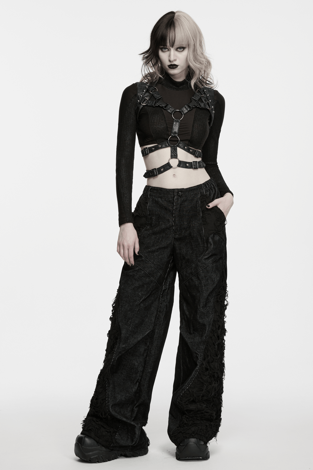 Black Faux Leather Punk Harness with Metal Details