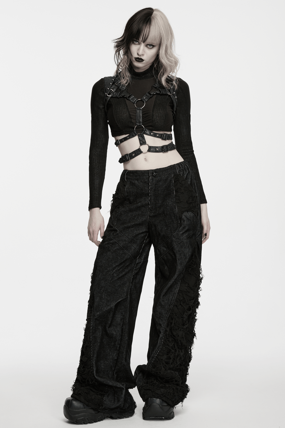 Black Faux Leather Punk Harness with Metal Details
