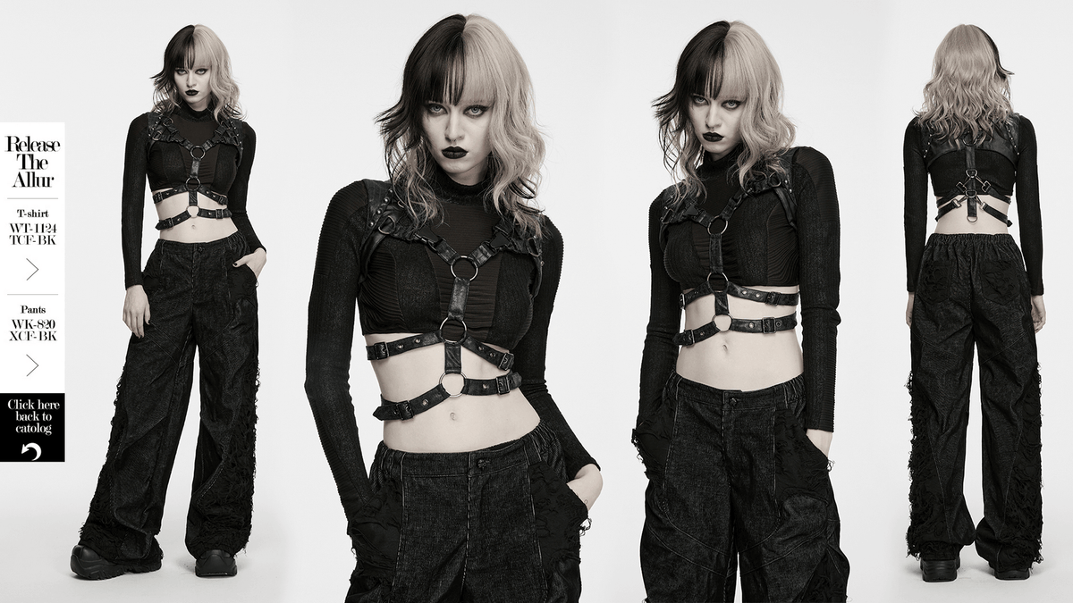Black Faux Leather Punk Harness with Metal Details
