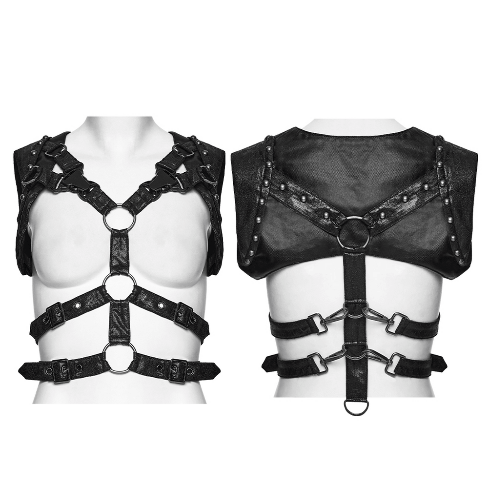 Black Faux Leather Punk Harness with Metal Details