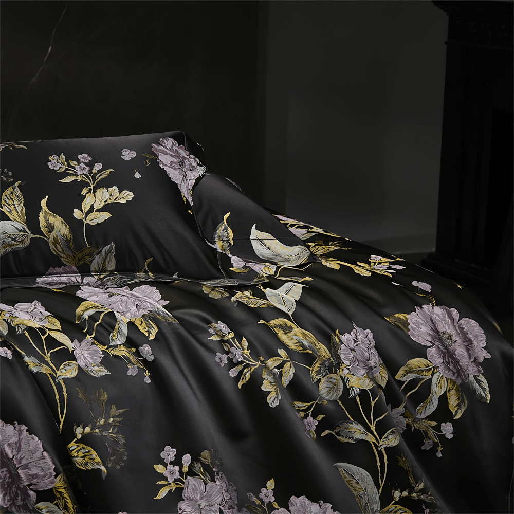 Black Floral Cotton Satin Bedding Set with Peonies