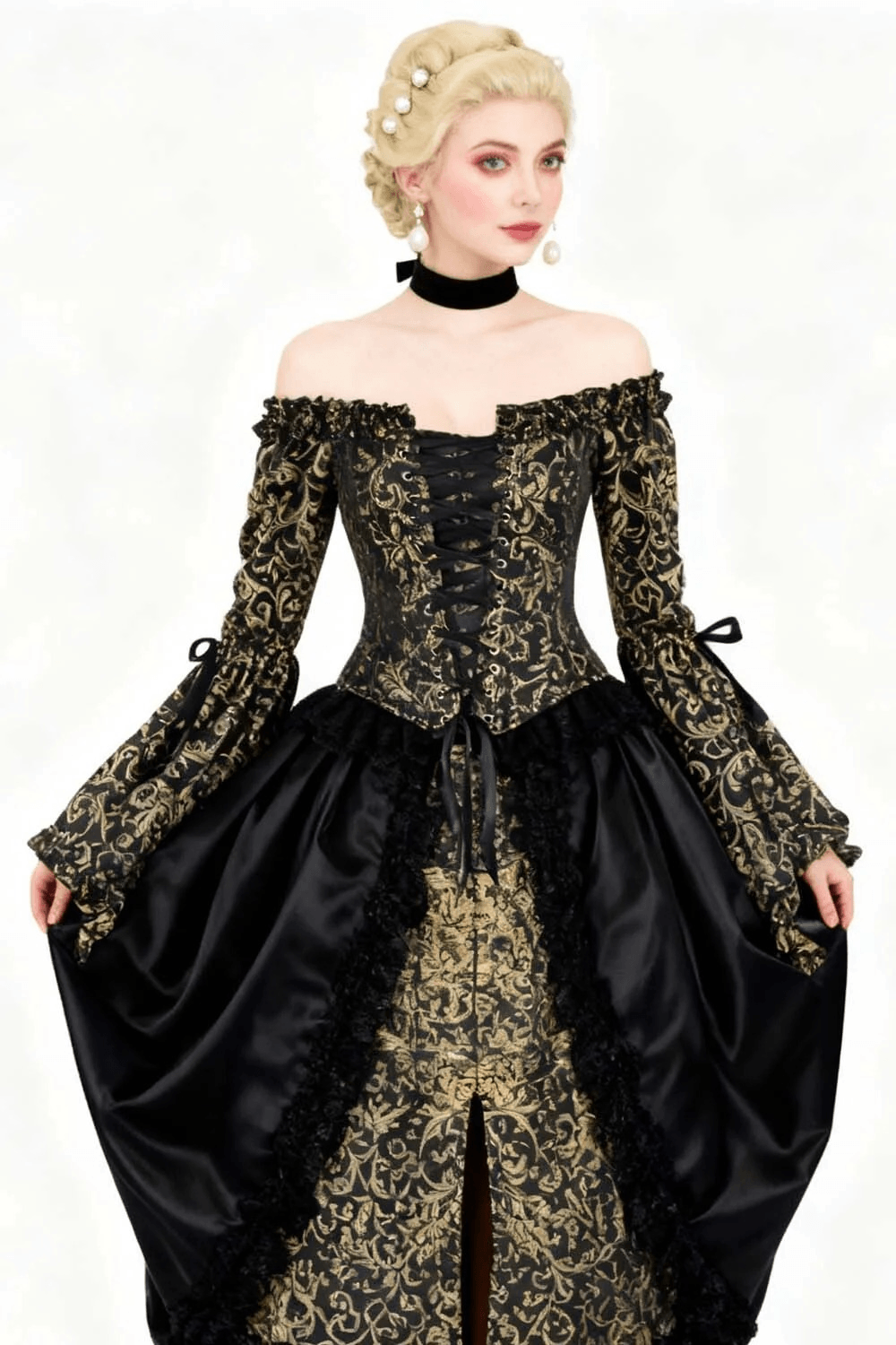 US SALE of Black Gold Baroque Corset Top with Off Shoulder Bell Sleeves