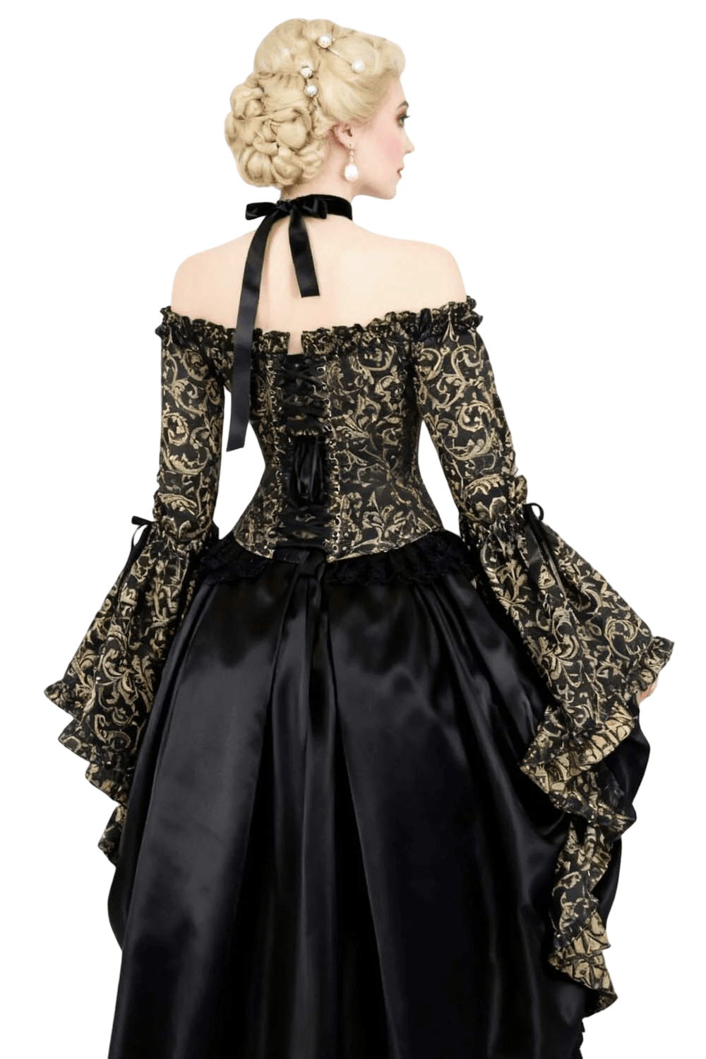 US SALE of Black Gold Baroque Corset Top with Off Shoulder Bell Sleeves