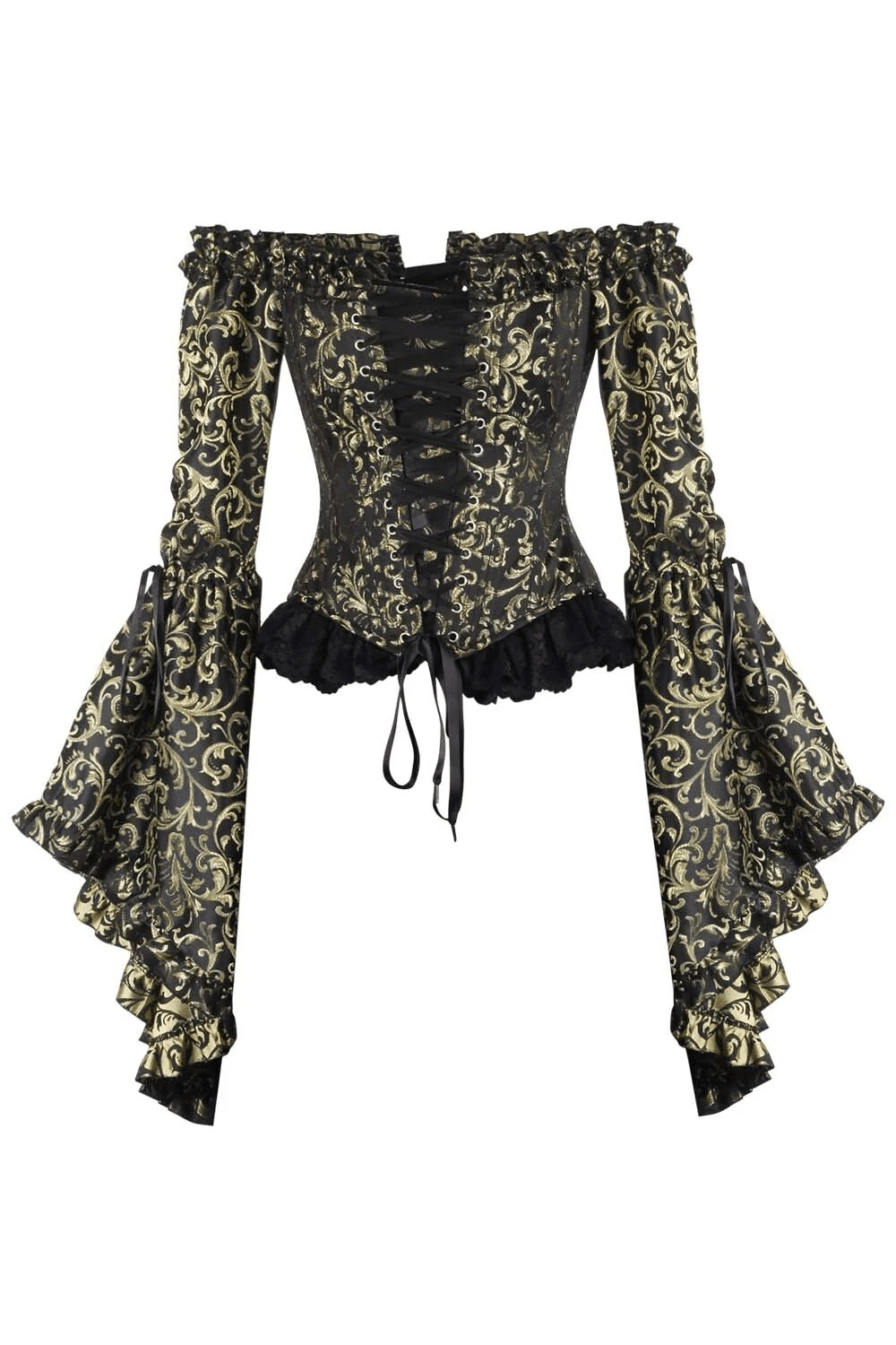 US SALE of Black Gold Baroque Corset Top with Off Shoulder Bell Sleeves