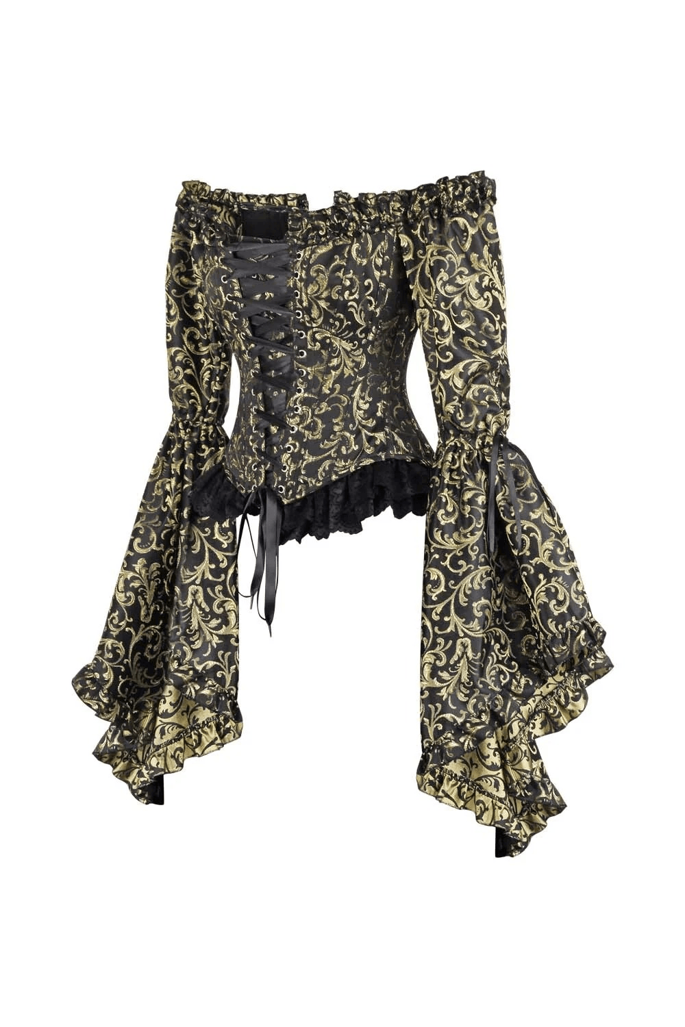 US SALE of Black Gold Baroque Corset Top with Off Shoulder Bell Sleeves