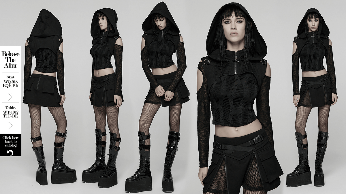 Black Goth Hooded Capelet with Zipper and Stud Details