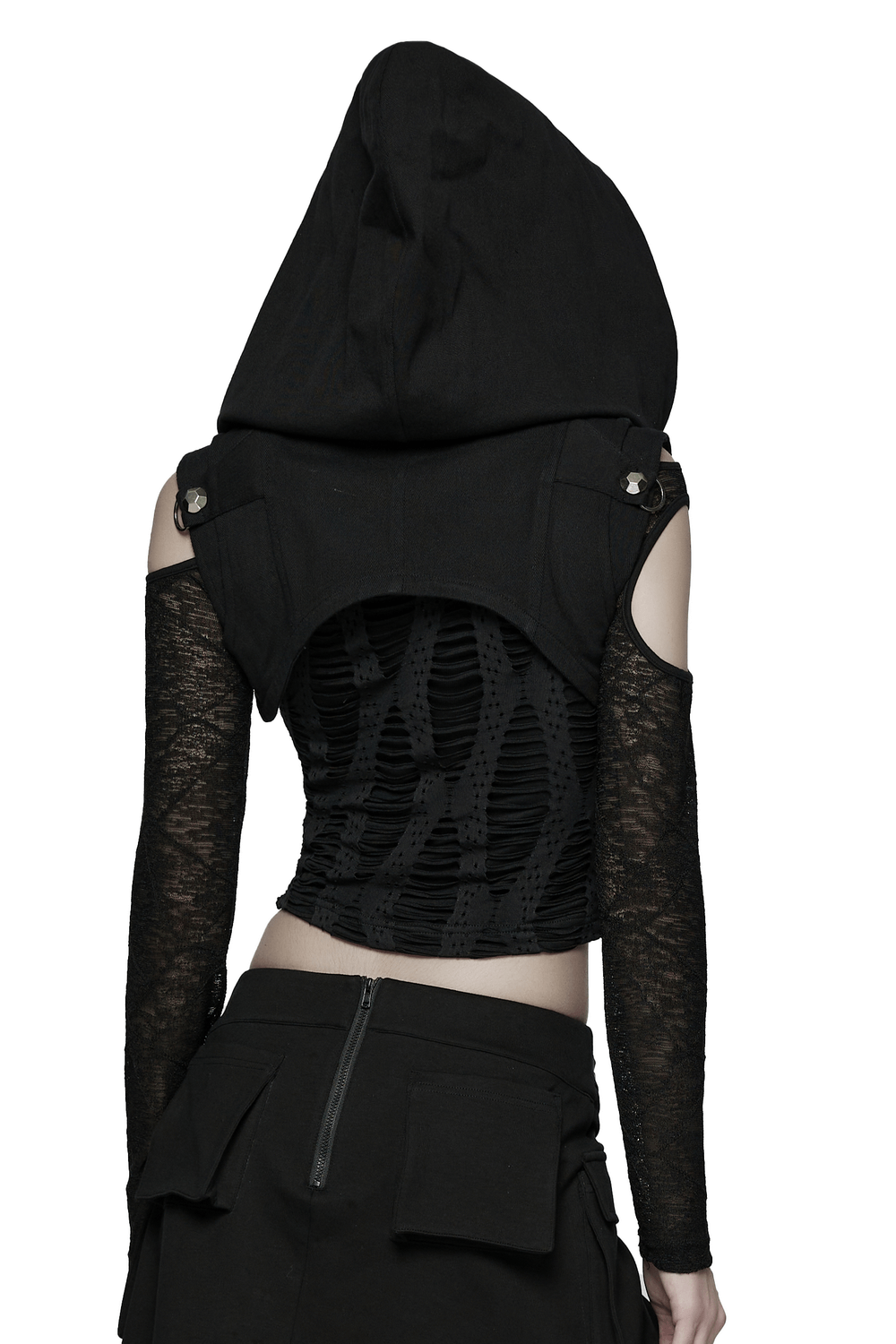 Black Goth Hooded Capelet with Zipper and Stud Details