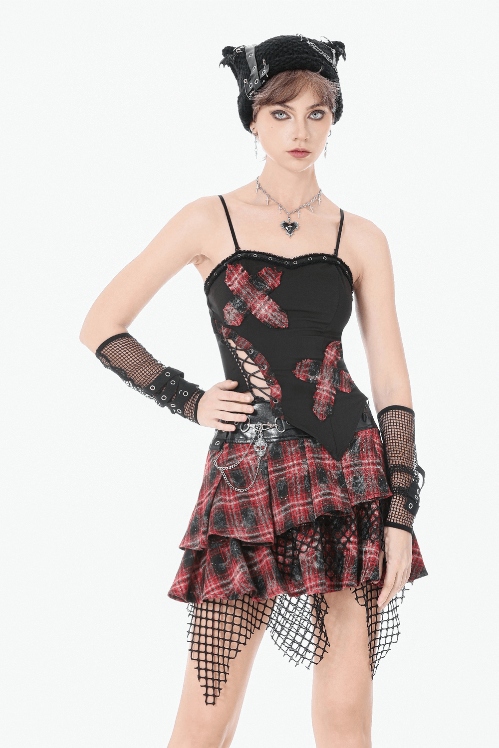 Black Goth Punk Plaid Patch Top with Side Lace Up