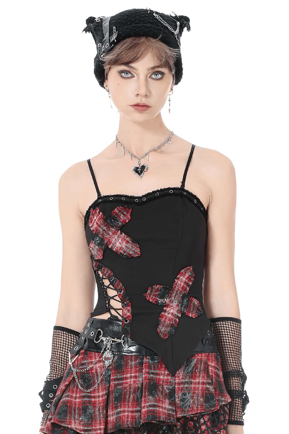 Black Goth Punk Plaid Patch Top with Side Lace Up