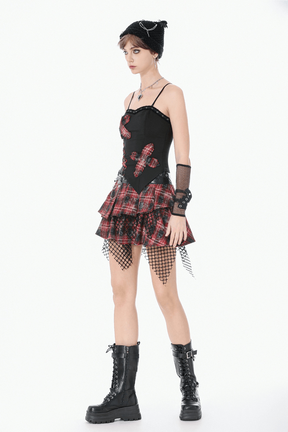 Black Goth Punk Plaid Patch Top with Side Lace Up