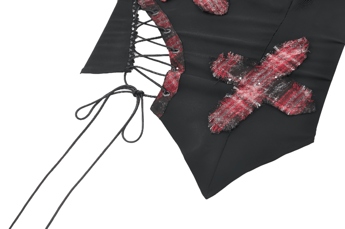 Black Goth Punk Plaid Patch Top with Side Lace Up