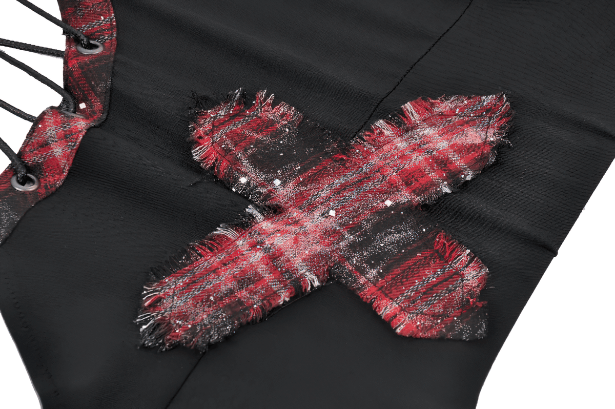 Black Goth Punk Plaid Patch Top with Side Lace Up