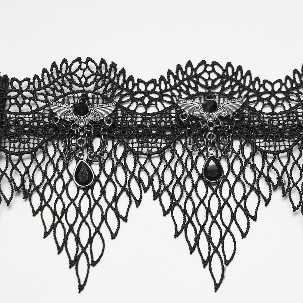 Black Gothic Bat Wing Lace Choker with Crystal Drops
