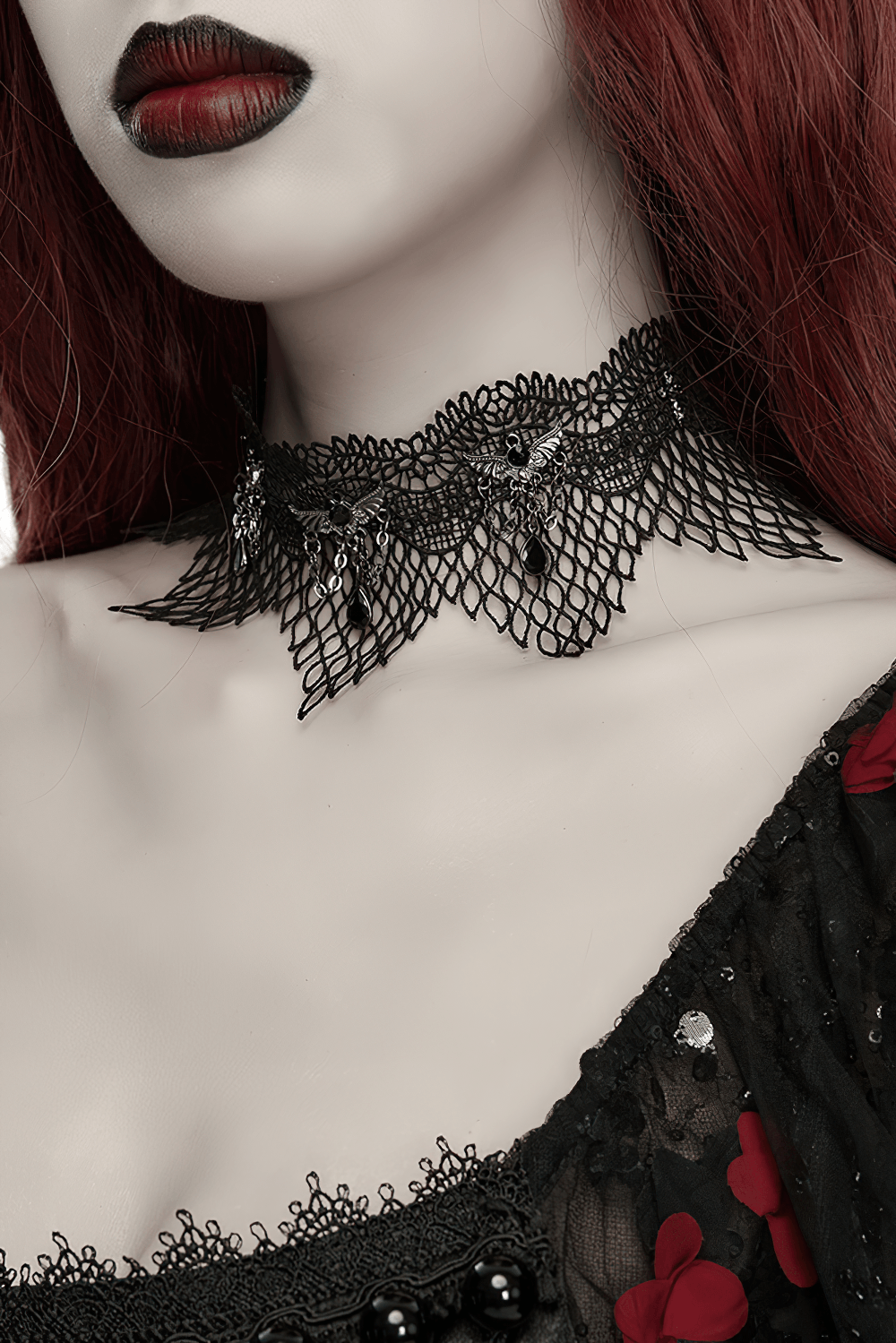 Black Gothic Bat Wing Lace Choker with Crystal Drops