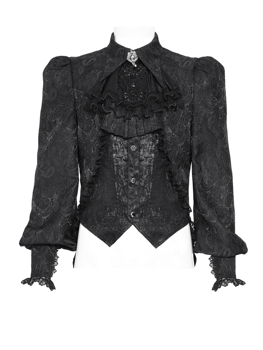 Black Gothic Brocade Shirt with Ruffles and Lace