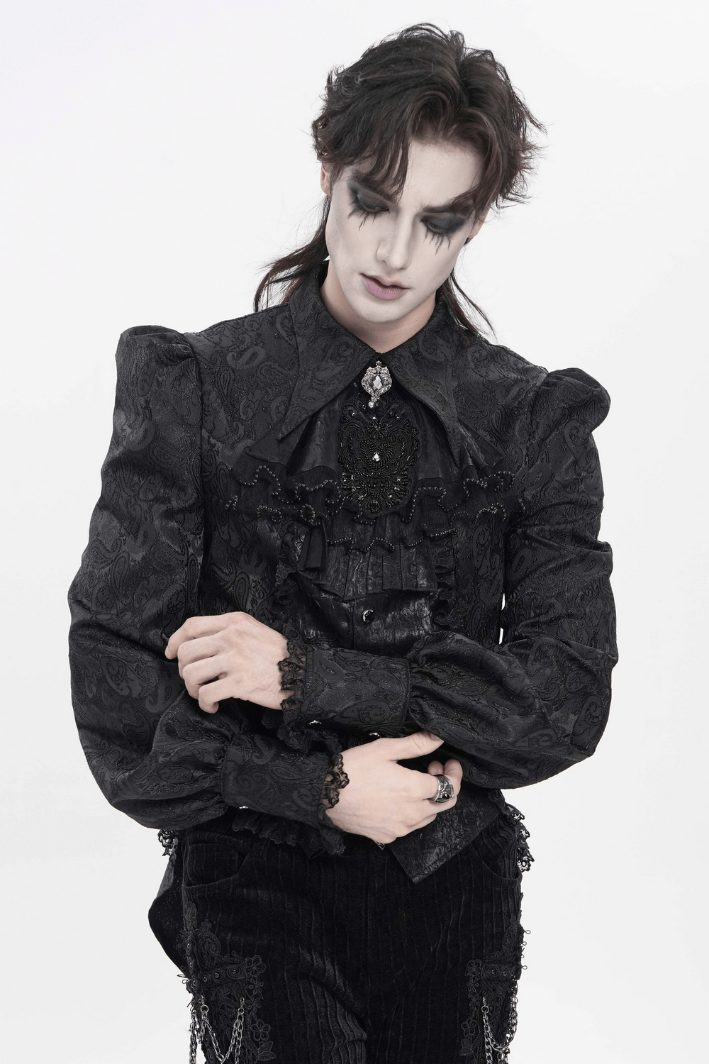 Black Gothic Brocade Shirt with Ruffles and Lace