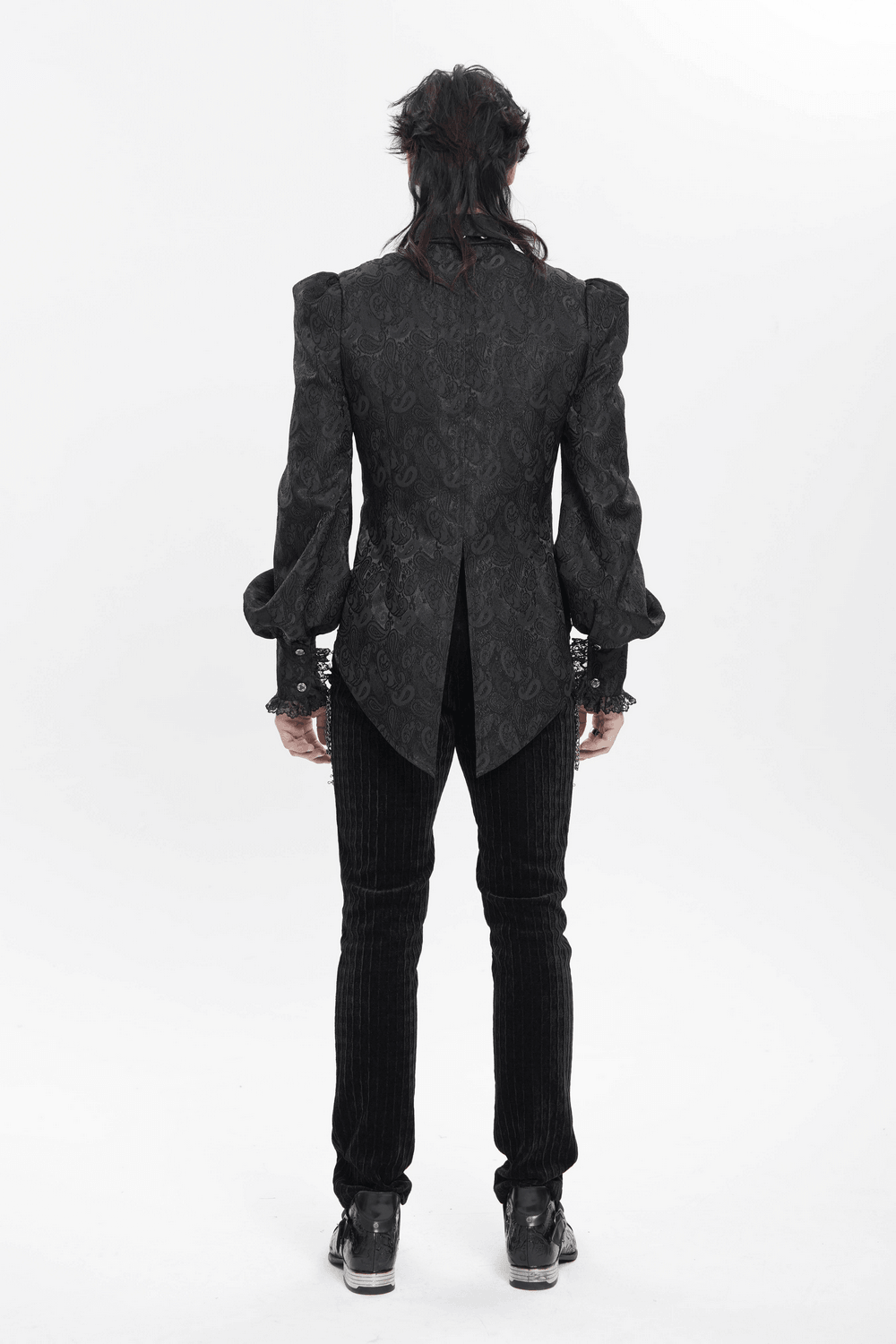Black Gothic Brocade Shirt with Ruffles and Lace