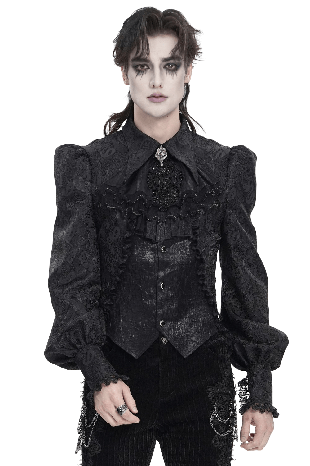 Black Gothic Brocade Shirt with Ruffles and Lace