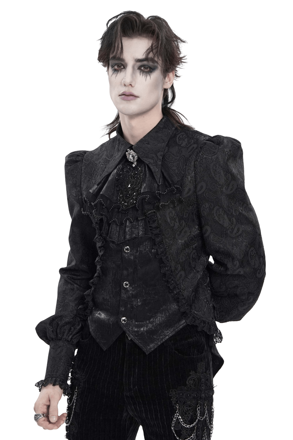 Black Gothic Brocade Shirt with Ruffles and Lace