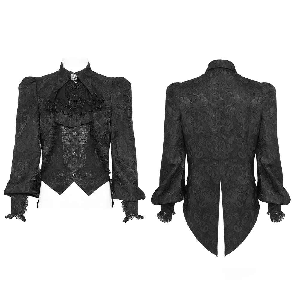 Black Gothic Brocade Shirt with Ruffles and Lace