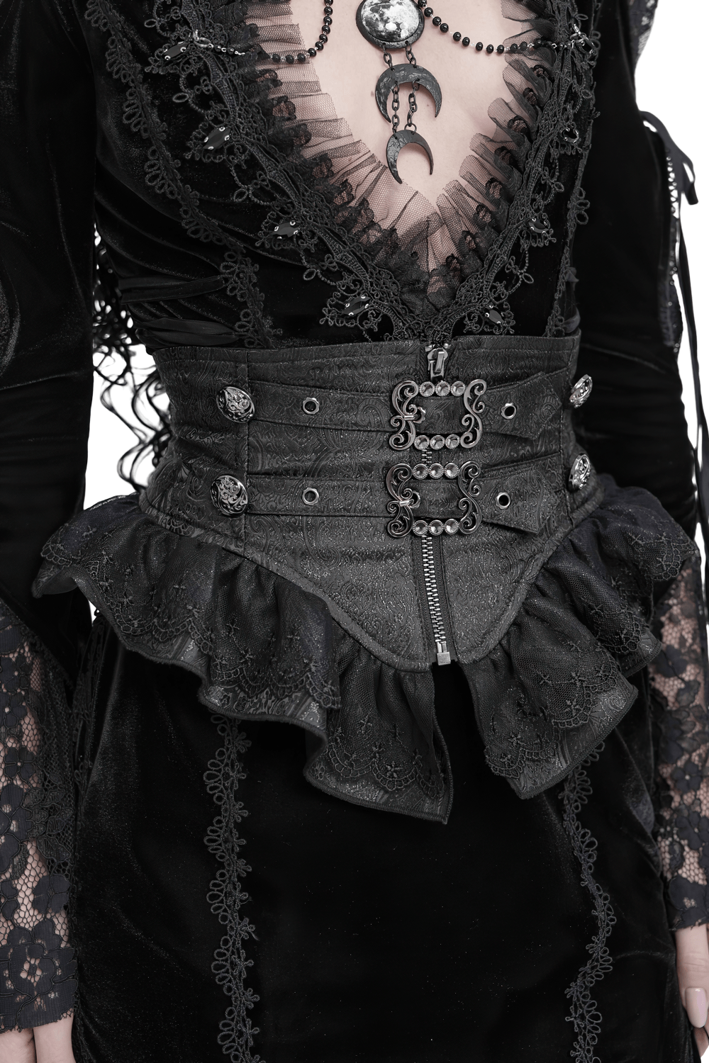 Black Gothic Corset Belt with Ruffles and Buckles