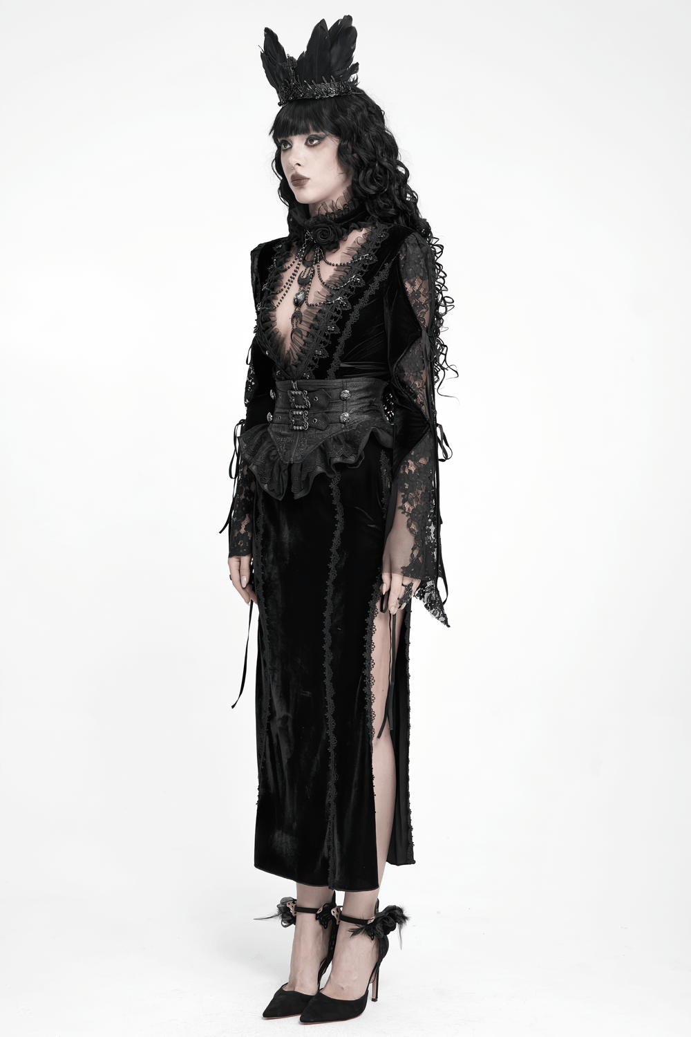 Black Gothic Corset Belt with Ruffles and Buckles