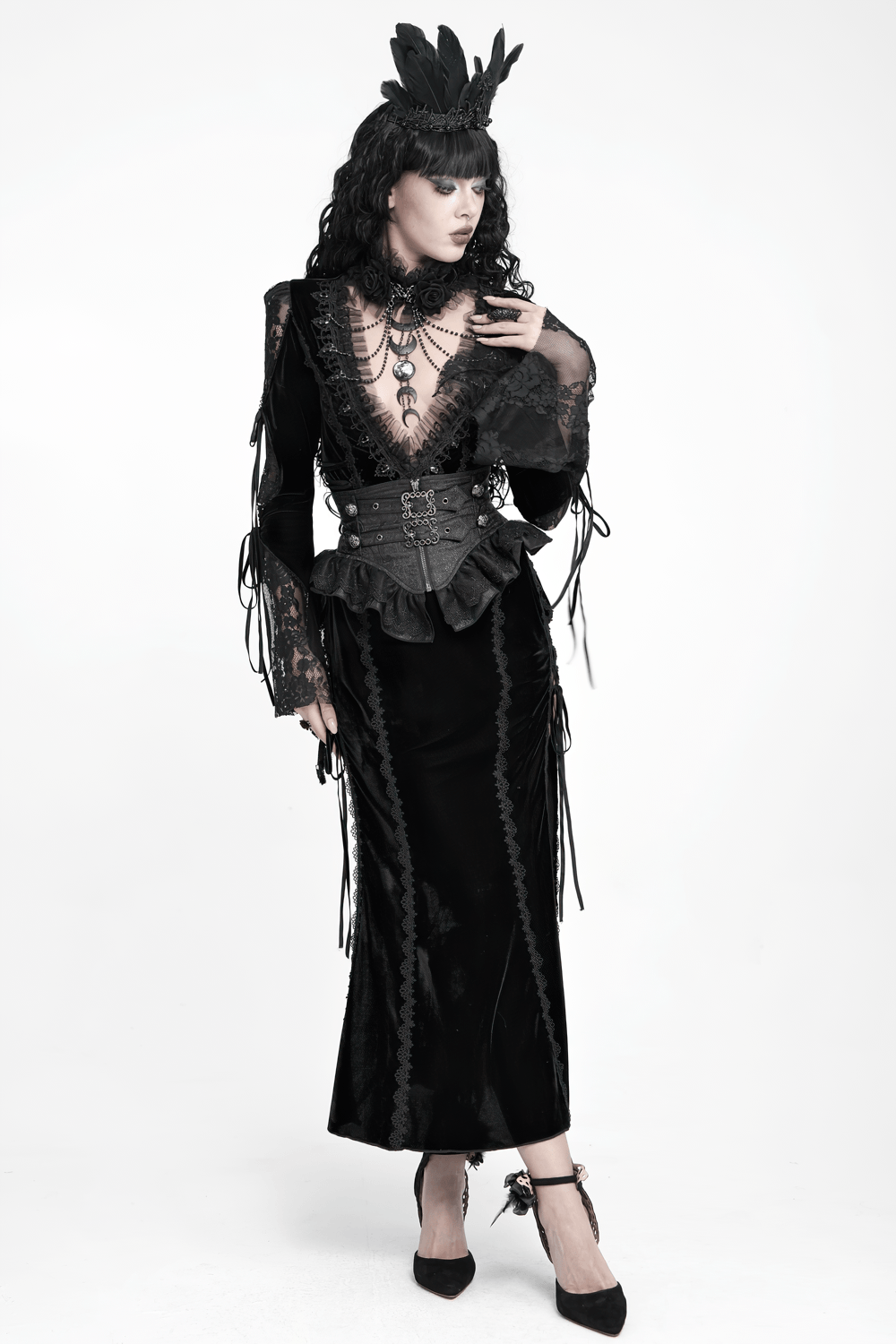 Black Gothic Corset Belt with Ruffles and Buckles