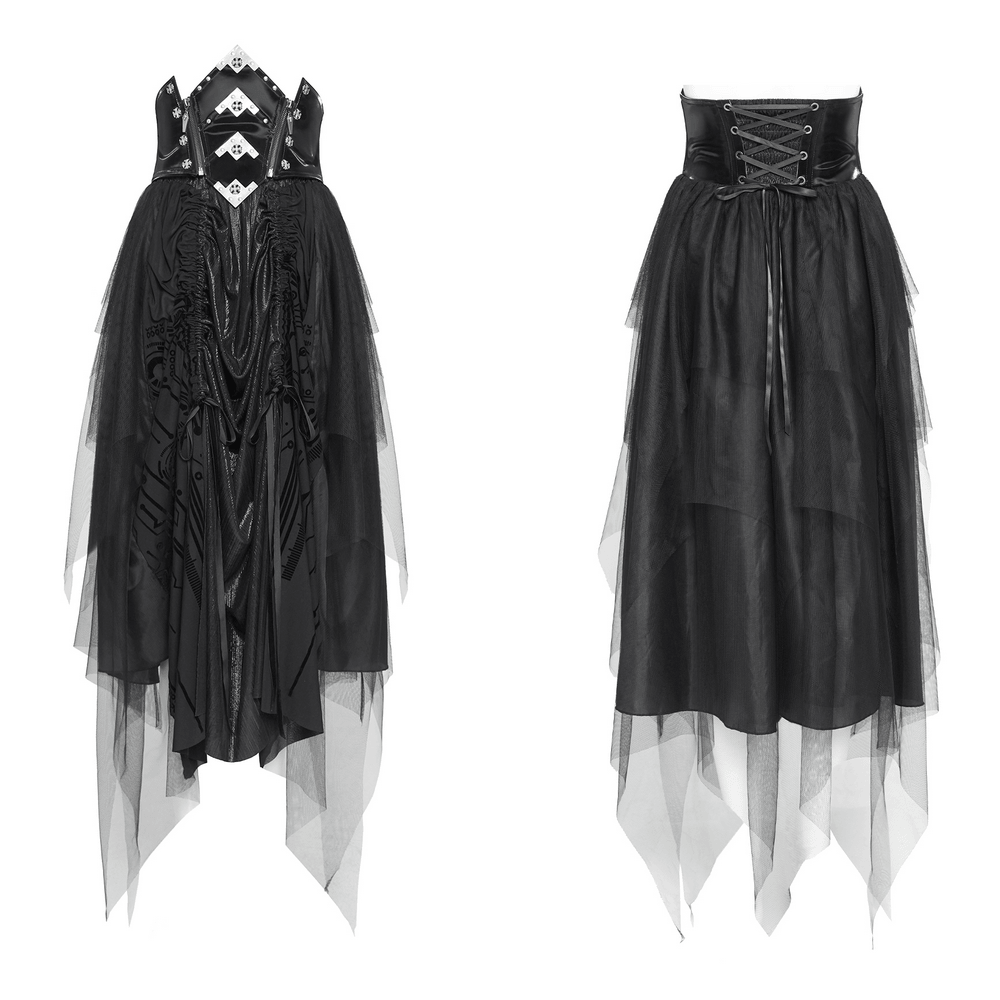 Black Gothic Corset Waist Mesh Maxi Skirt for Women