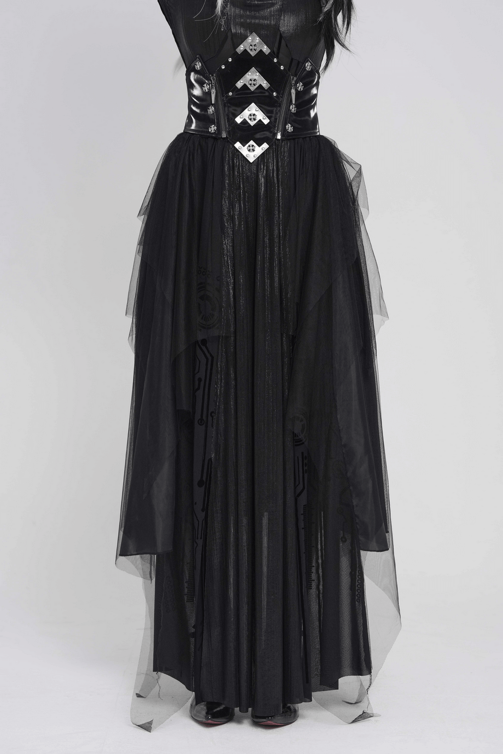 Black Gothic Corset Waist Mesh Maxi Skirt for Women