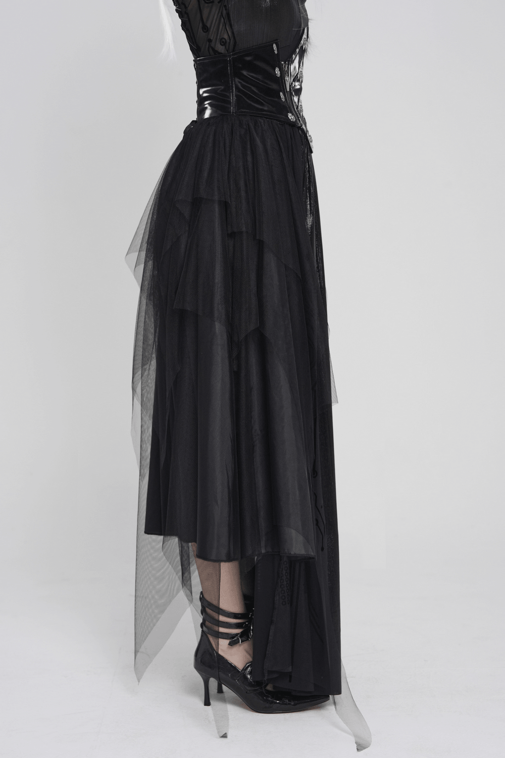 Black Gothic Corset Waist Mesh Maxi Skirt for Women