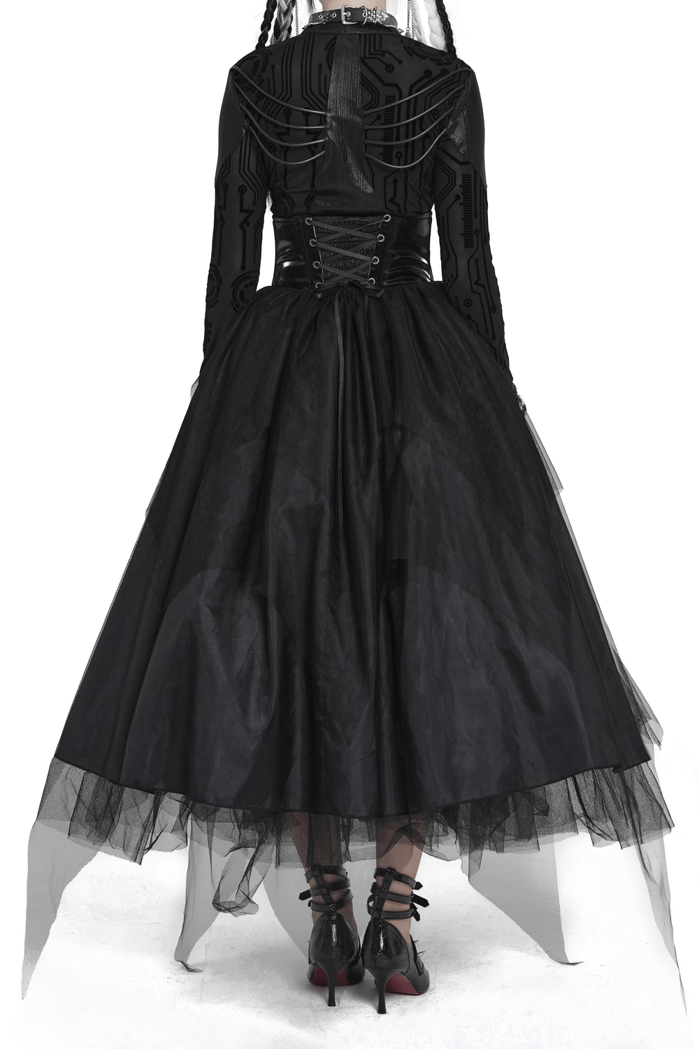 Black Gothic Corset Waist Mesh Maxi Skirt for Women