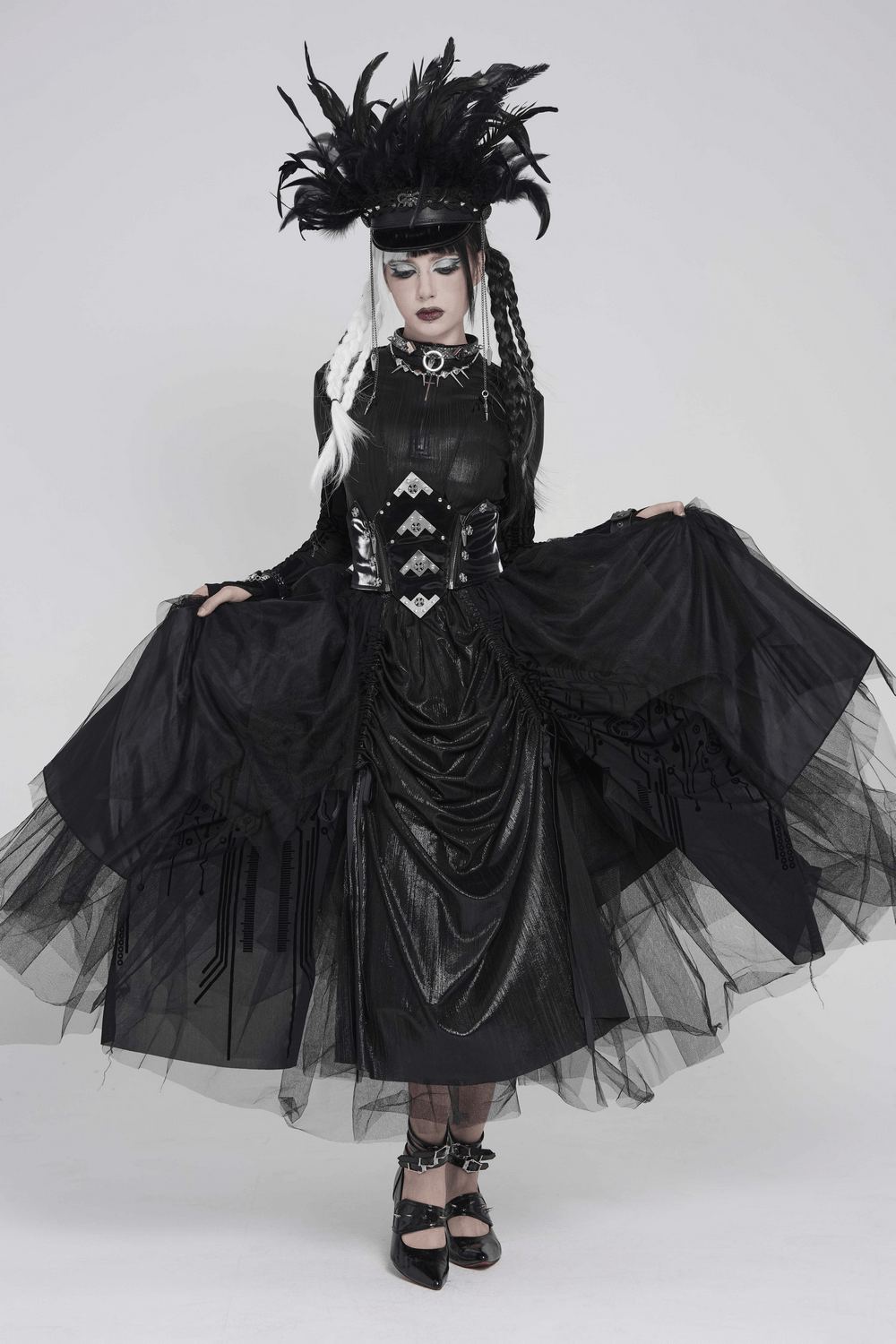 Black Gothic Corset Waist Mesh Maxi Skirt for Women