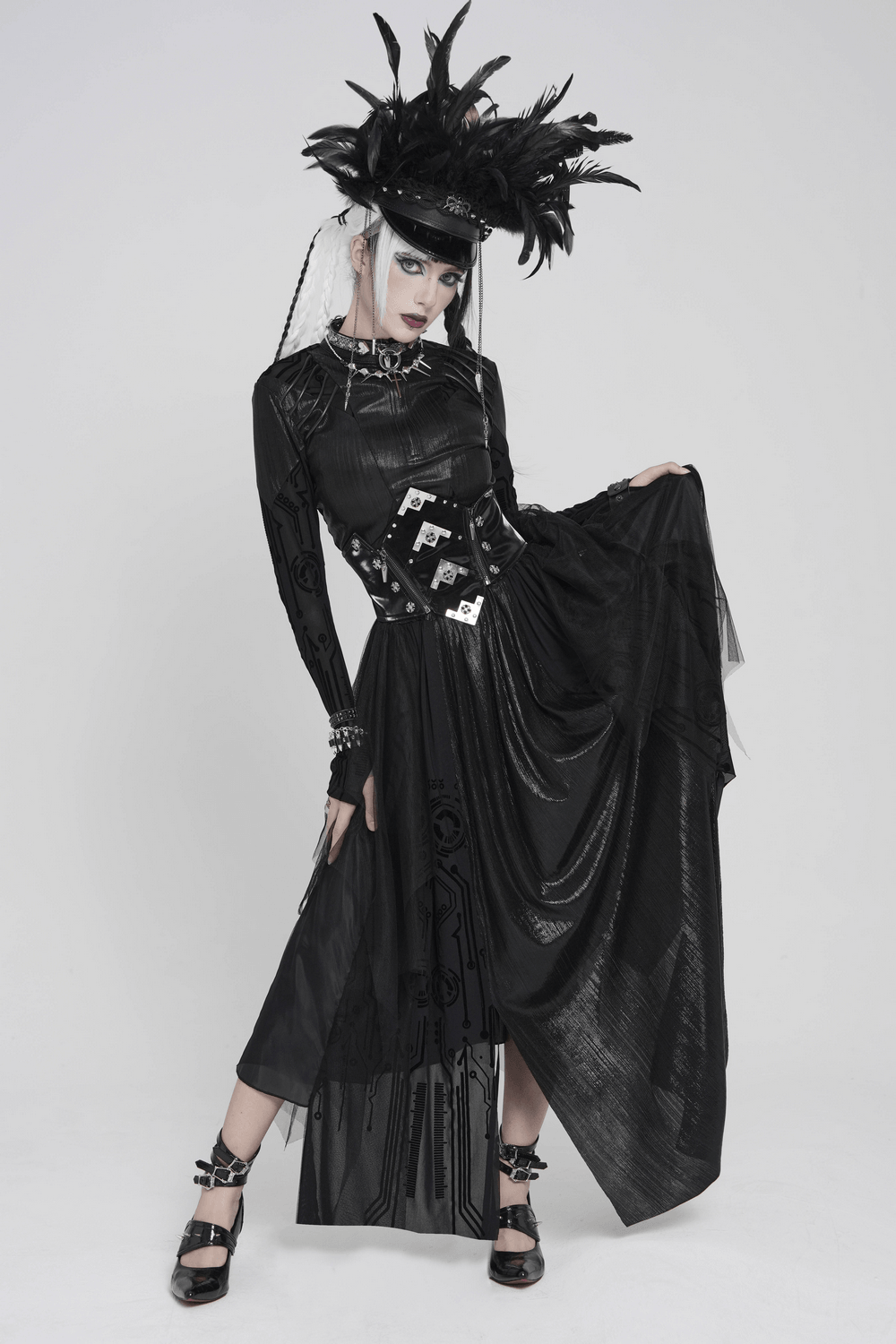 Black Gothic Corset Waist Mesh Maxi Skirt for Women