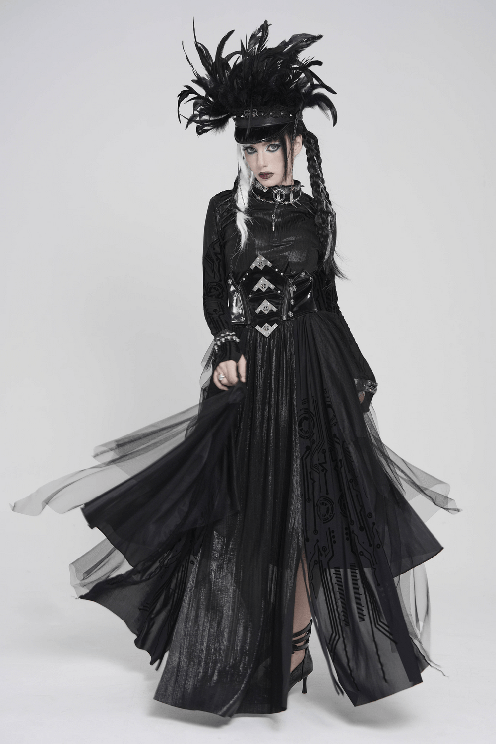 Black Gothic Corset Waist Mesh Maxi Skirt for Women