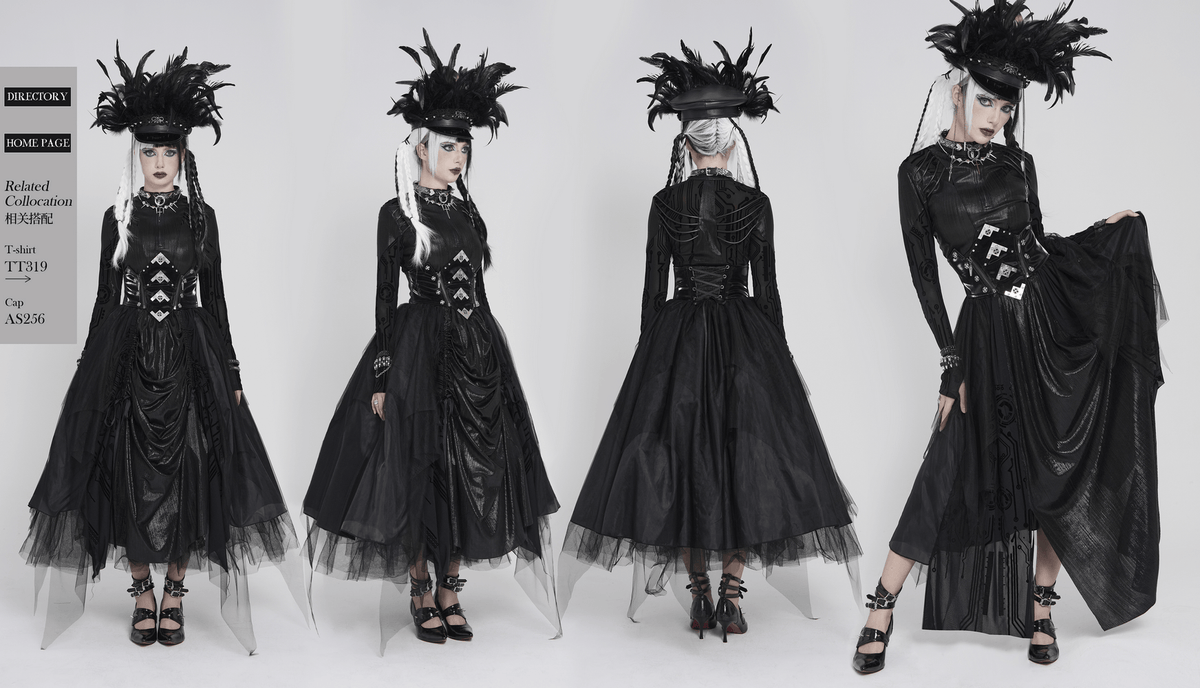 Black Gothic Corset Waist Mesh Maxi Skirt for Women