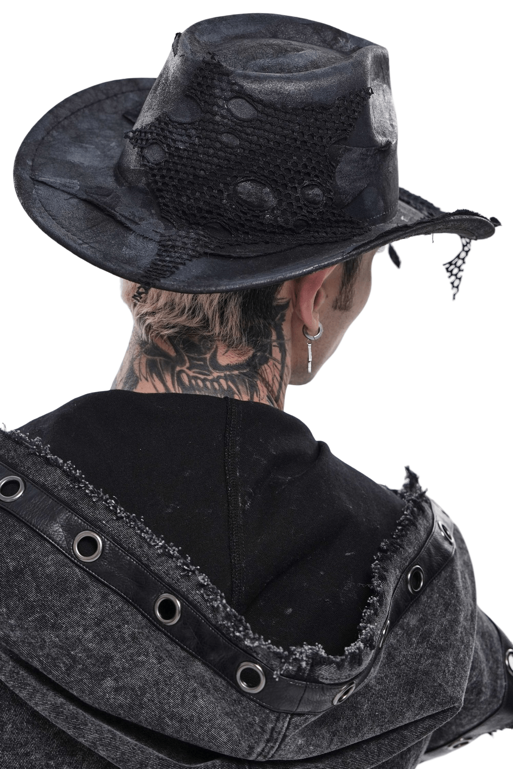 Black Gothic Cowboy Hat with Distressed Mesh Patch Details