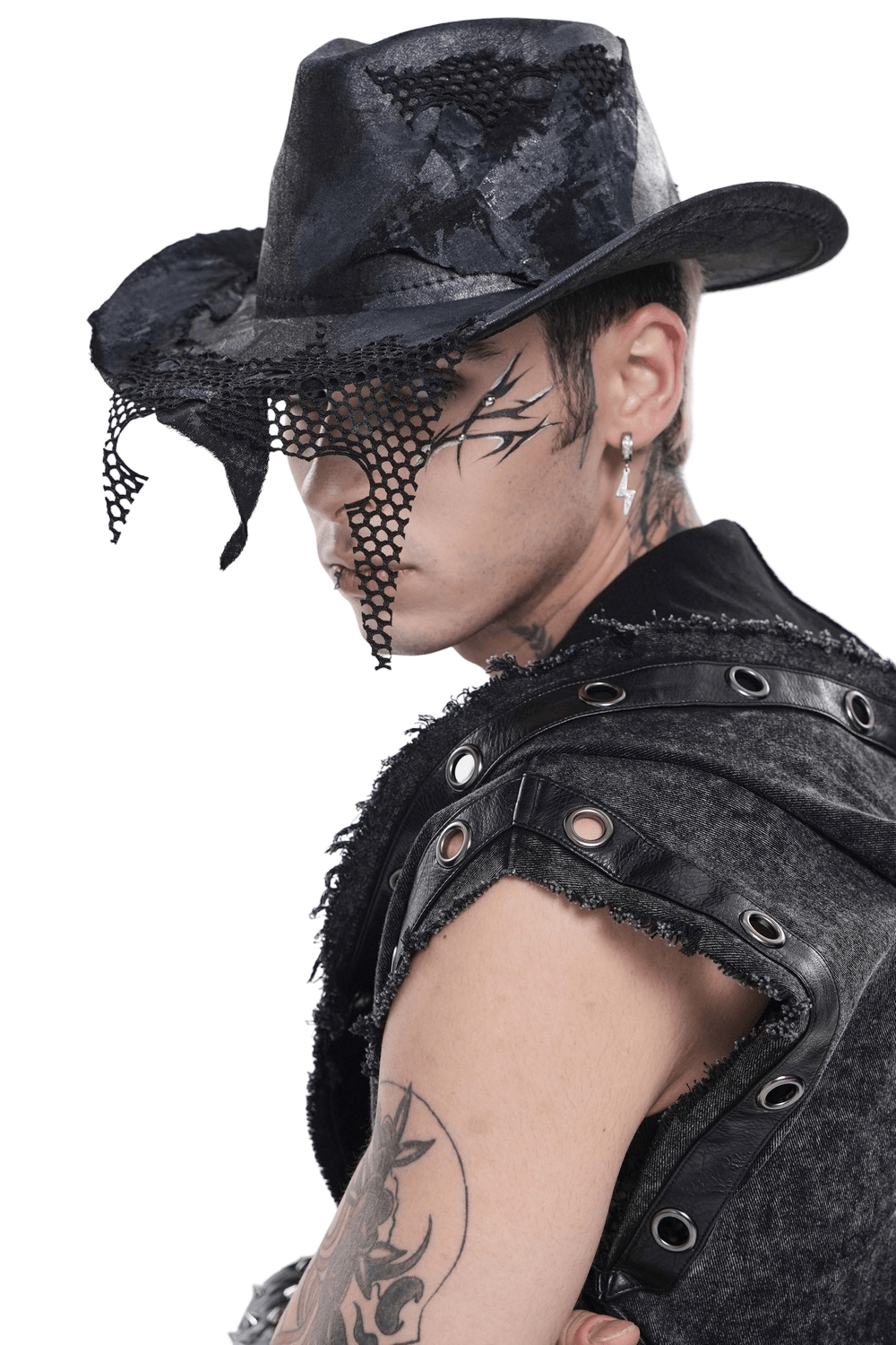 Black Gothic Cowboy Hat with Distressed Mesh Patch Details