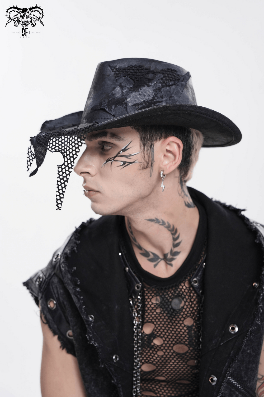 Black Gothic Cowboy Hat with Distressed Mesh Patch Details