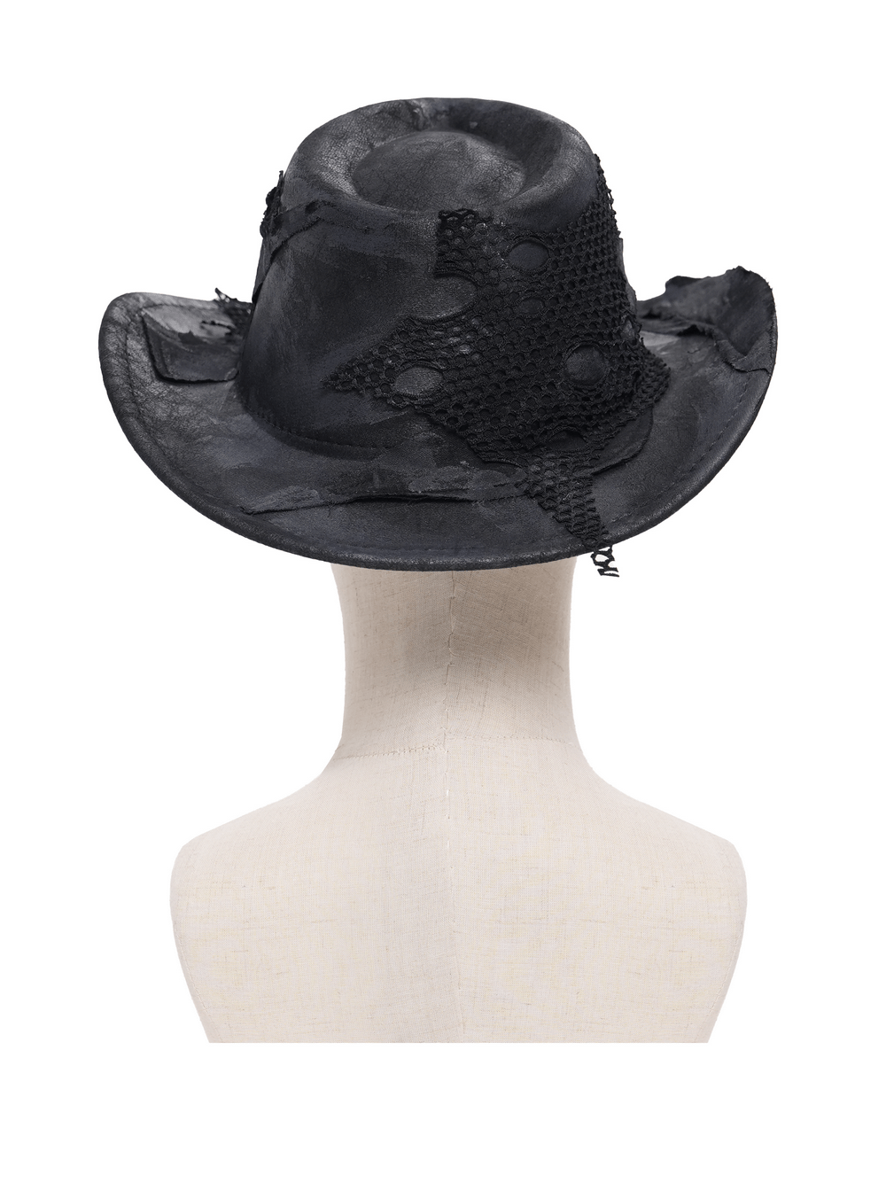 Black Gothic Cowboy Hat with Distressed Mesh Patch Details